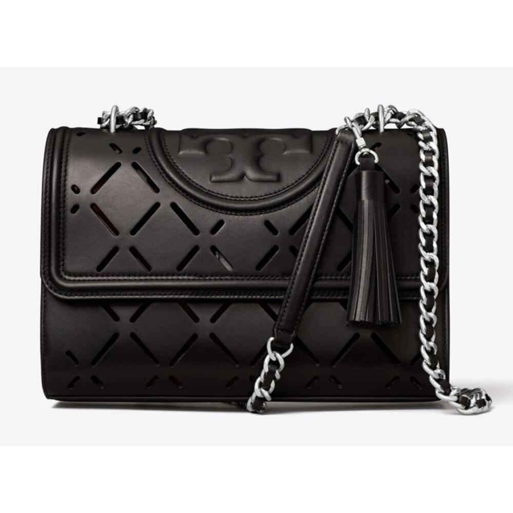 🆕Tory Burch Fleming Diamond Perforated Convertible Shoulder Black Matte Bag NWT - Picture 3 of 16